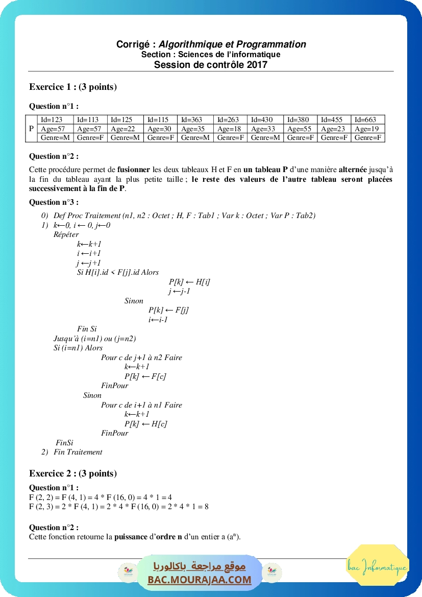 Corrigé controle algorithme Bac 2017 – Section info